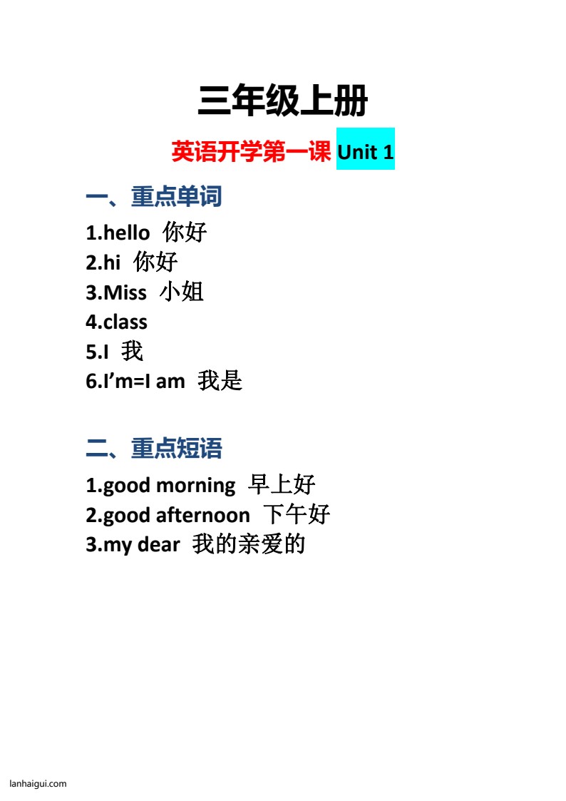 三（上）英语开学第一课：Unit 1课堂重点(lanhaigui.com)_01